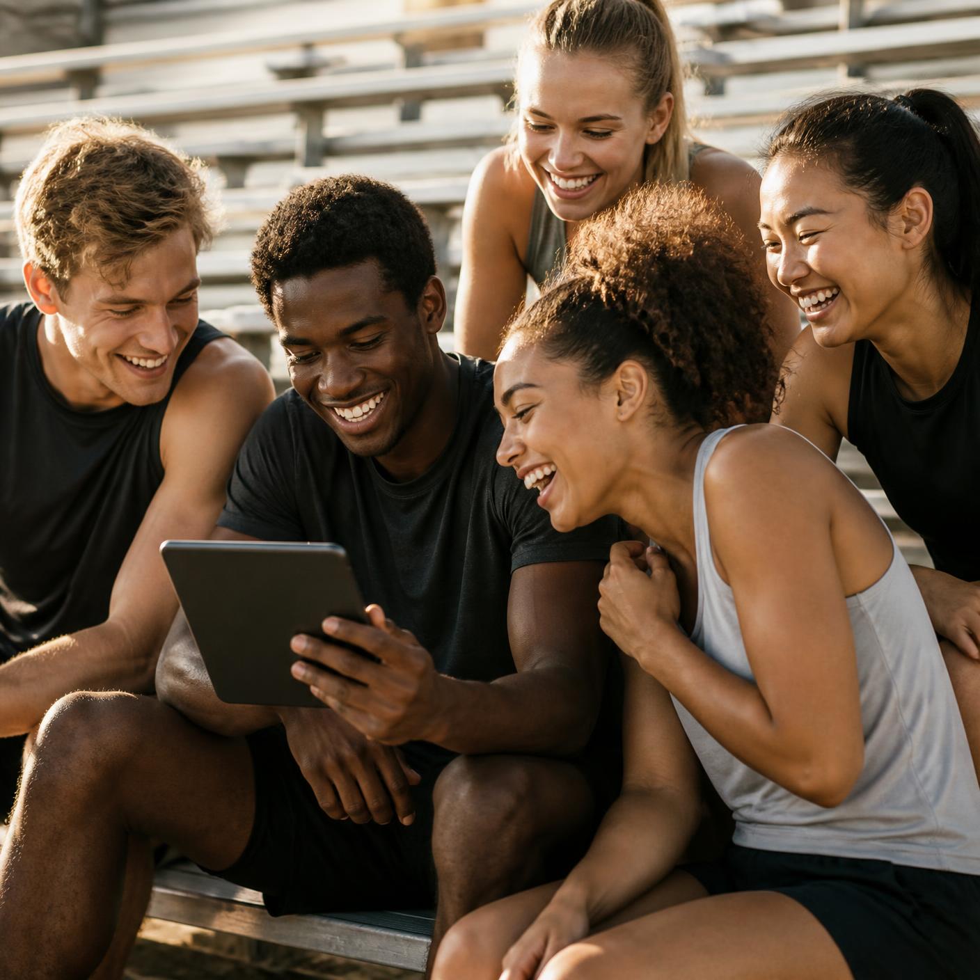 Young athletes laughing together while looking at a tablet on bleachers
