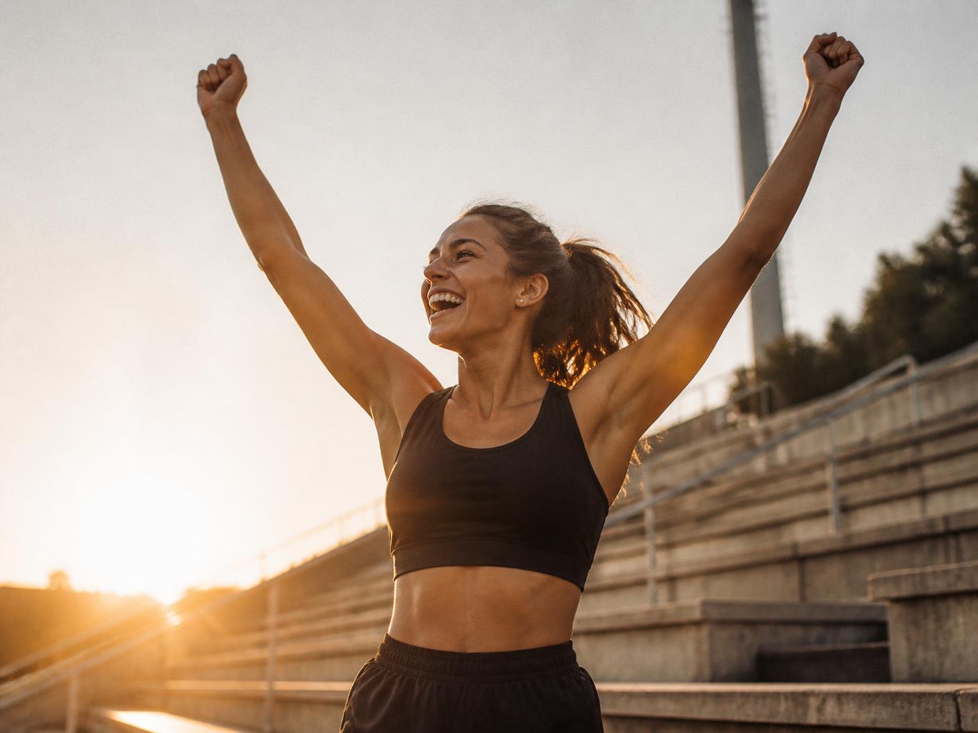 A young athlete celebrating with arms raised on stadium steps at sunrise